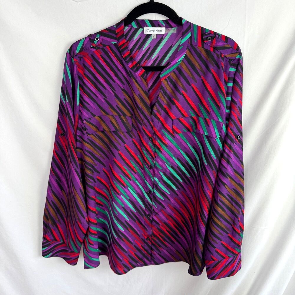 Calvin Klein Women's Top Blouse Size XL Purple/Red/Green Print Long Sleeves